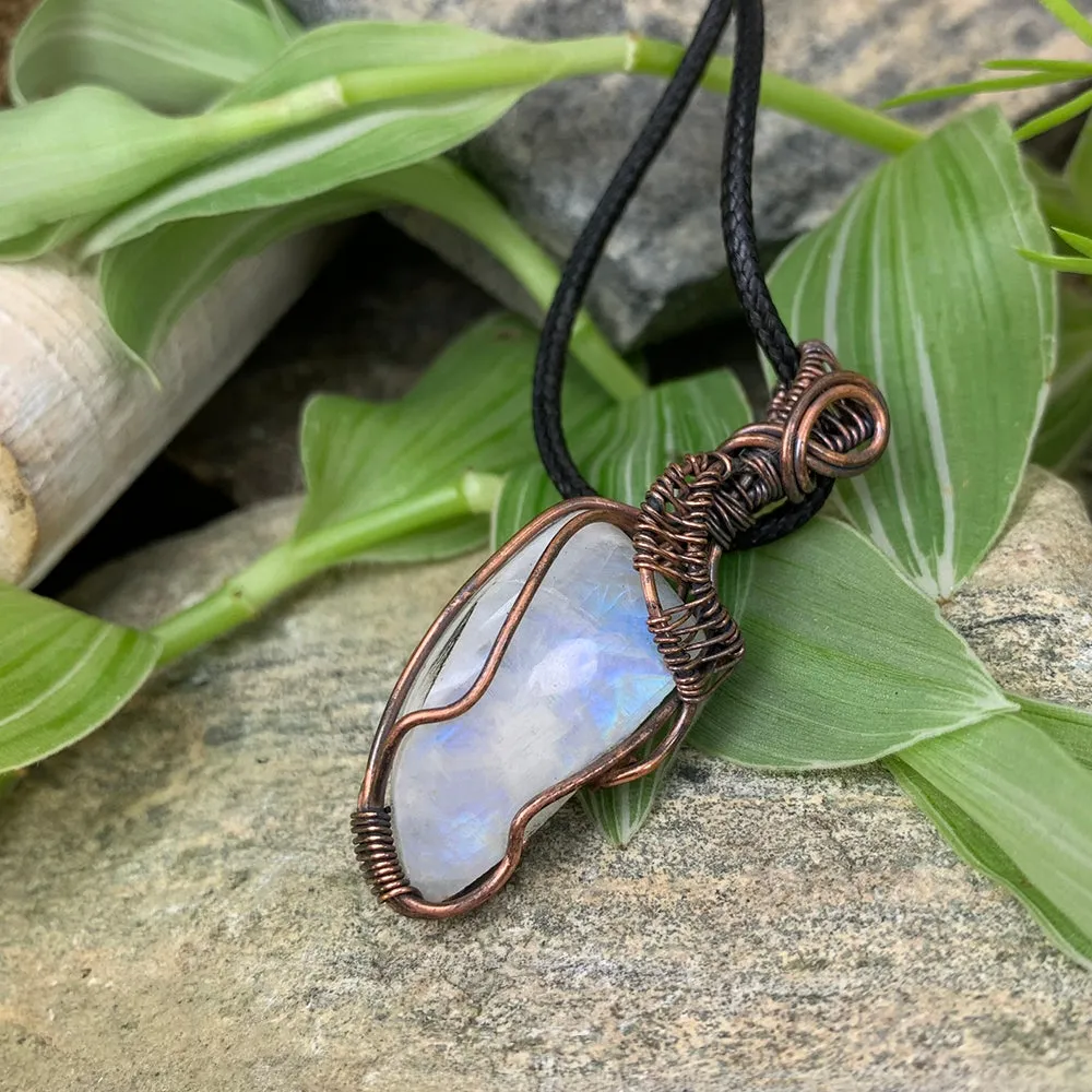 Crescent Moonstone Copper Wire Pendant Necklace