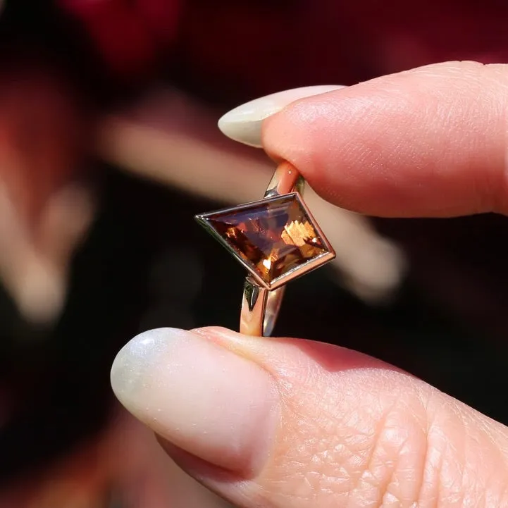 Custom Cut 4ct Kite Brown Zircon, Bezel Set, 9ct Yellow Gold, size 7 or O