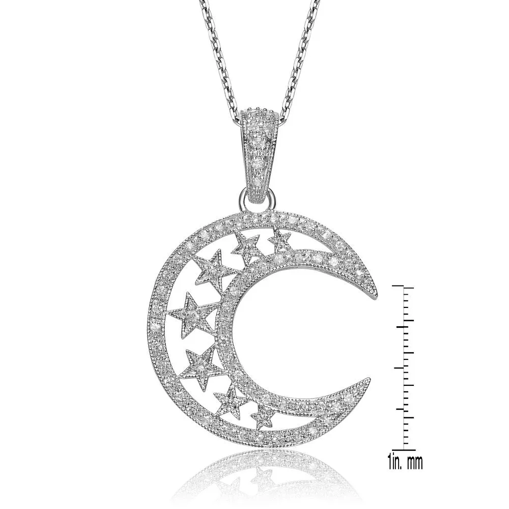 C.Z. Sterling Silver Rhodium Plated Half Moon With Star Design Last Pair Pendant