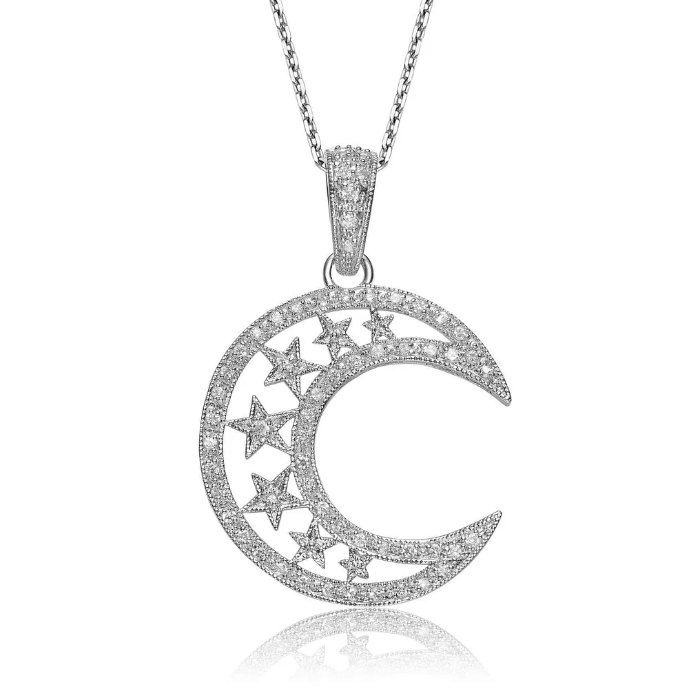 C.Z. Sterling Silver Rhodium Plated Half Moon With Star Design Last Pair Pendant