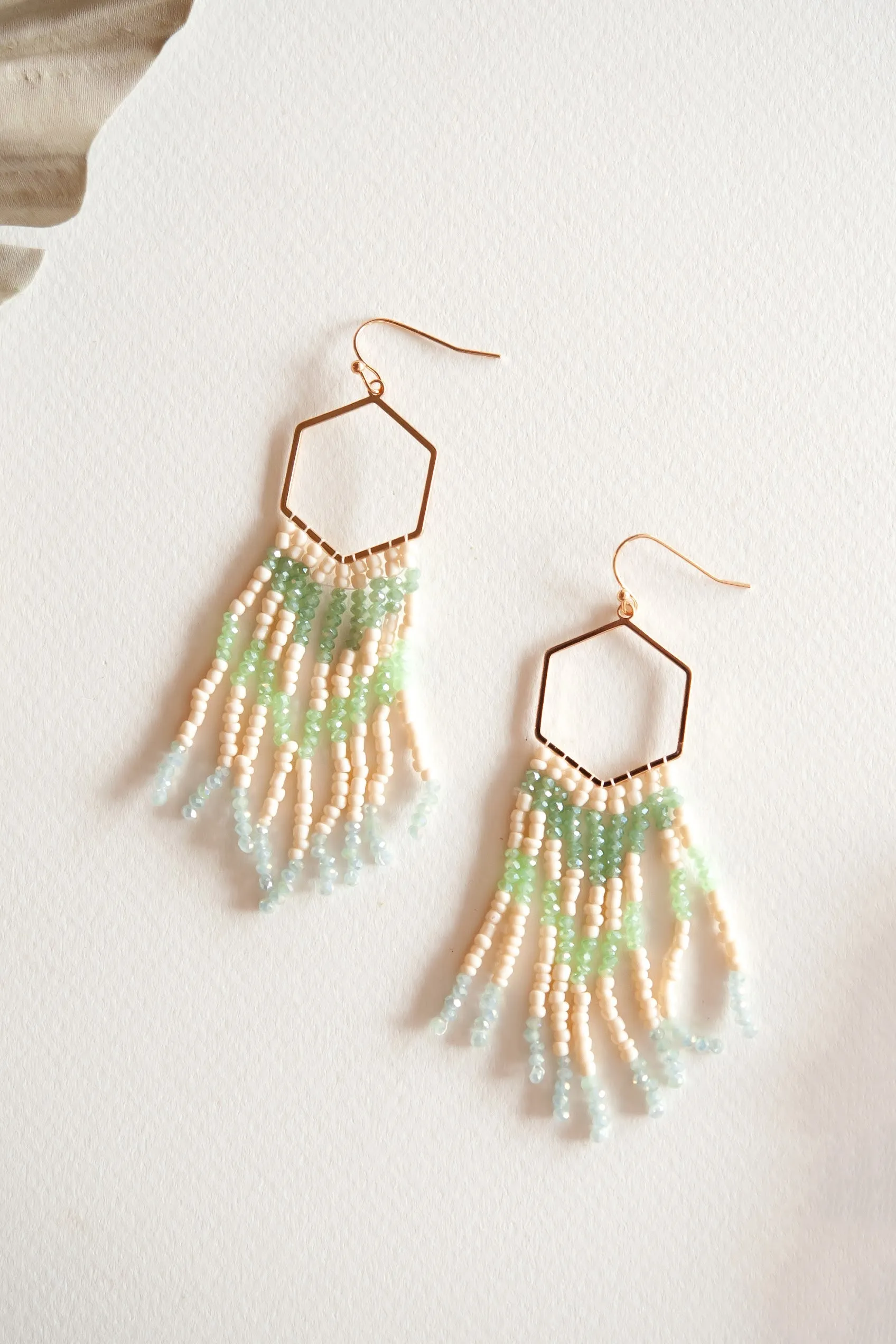 Devon Mint Beaded Drop Earrings | Boho Hand Beaded Earrings | Beach Babe Coastal Style | White and Mint Green Delicate Beads