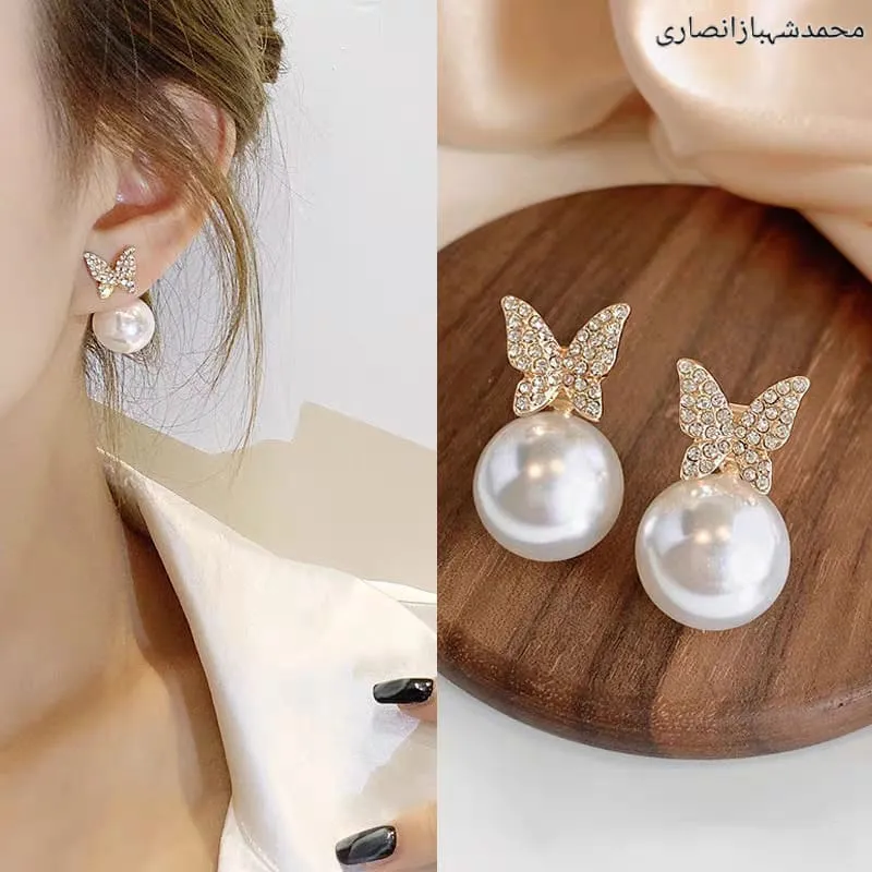 Earrings For Wonen Butterfly Shaped Crystal Studded Pearl Drop Earrings For Women and Girls