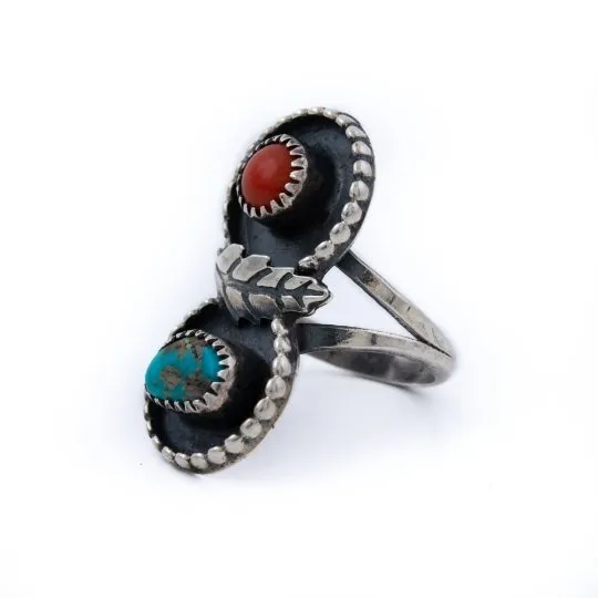 Earthy Turquoise x Red Coral Navajo Ring