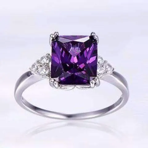 Emerald Cut Genuine Amethyst 5.25CT IOBI Precious Gems 925 Sterling Silver Ring