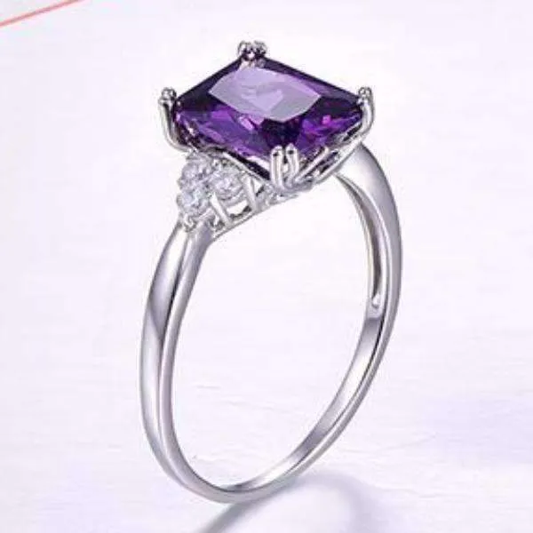 Emerald Cut Genuine Amethyst 5.25CT IOBI Precious Gems 925 Sterling Silver Ring