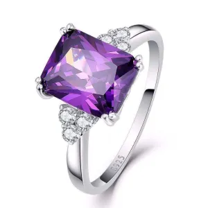 Emerald Cut Genuine Amethyst 5.25CT IOBI Precious Gems 925 Sterling Silver Ring