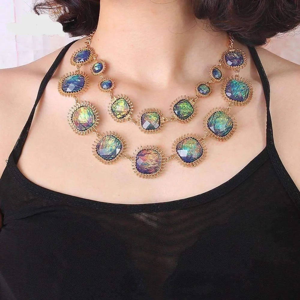 Exotic Peacock Iridescent Cabochon Layered Necklace and Earrings Set