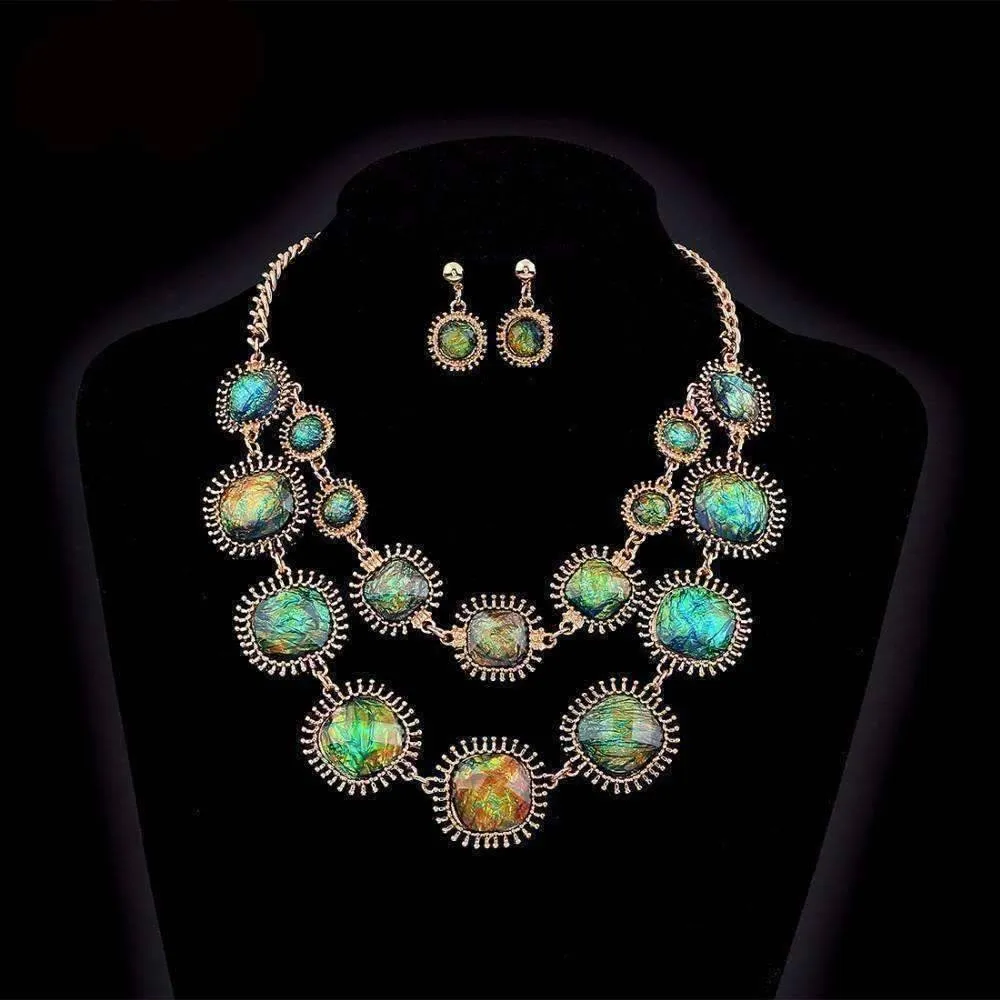 Exotic Peacock Iridescent Cabochon Layered Necklace and Earrings Set