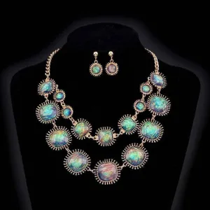 Exotic Peacock Iridescent Cabochon Layered Necklace and Earrings Set