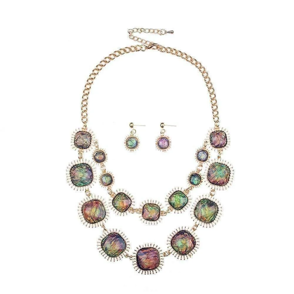 Exotic Peacock Iridescent Cabochon Layered Necklace and Earrings Set