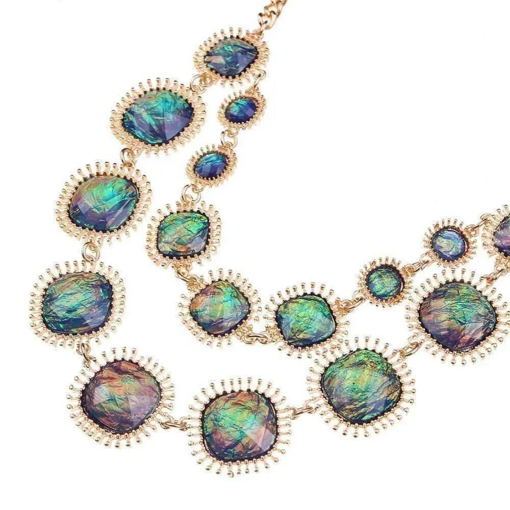 Exotic Peacock Iridescent Cabochon Layered Necklace and Earrings Set