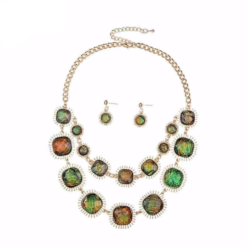 Exotic Peacock Iridescent Cabochon Layered Necklace and Earrings Set