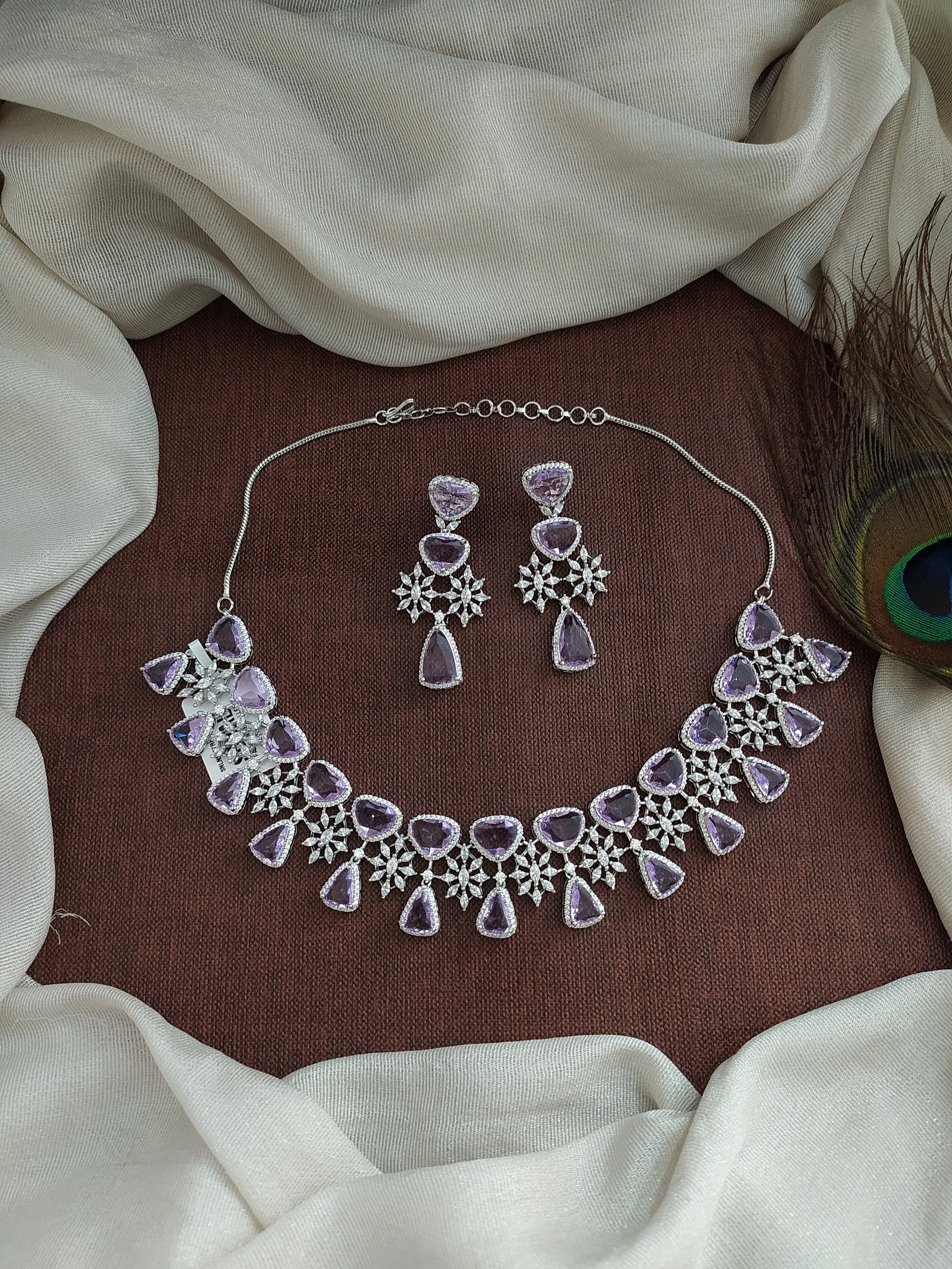 Exquisite Zircon Choker Necklace Set in Rhodium Finish - Available in Green, Baby Pink, Violet, and Blue