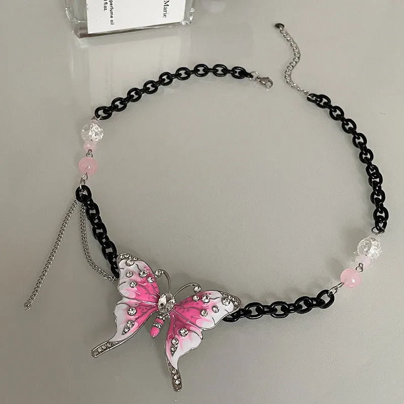 Flower Child Pink Butterfly with Beads Black Necklaces