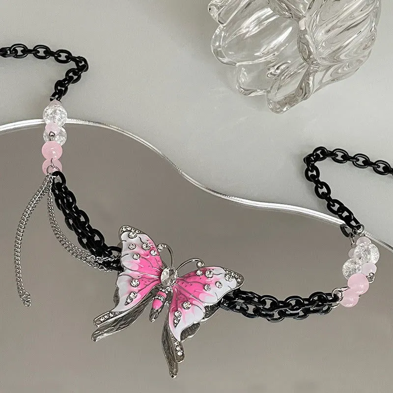 Flower Child Pink Butterfly with Beads Black Necklaces