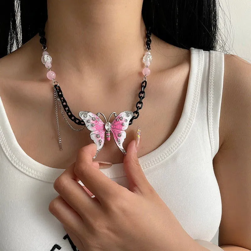 Flower Child Pink Butterfly with Beads Black Necklaces