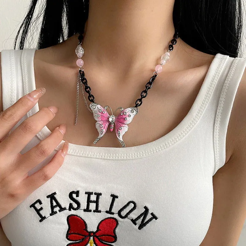 Flower Child Pink Butterfly with Beads Black Necklaces