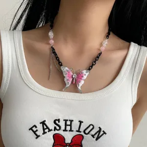 Flower Child Pink Butterfly with Beads Black Necklaces