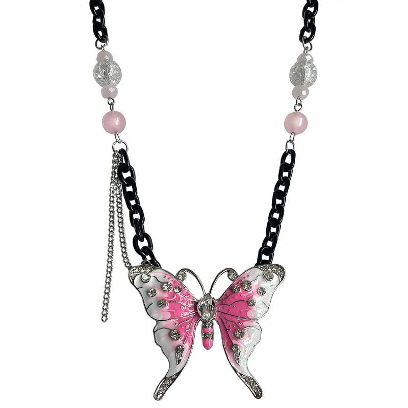 Flower Child Pink Butterfly with Beads Black Necklaces