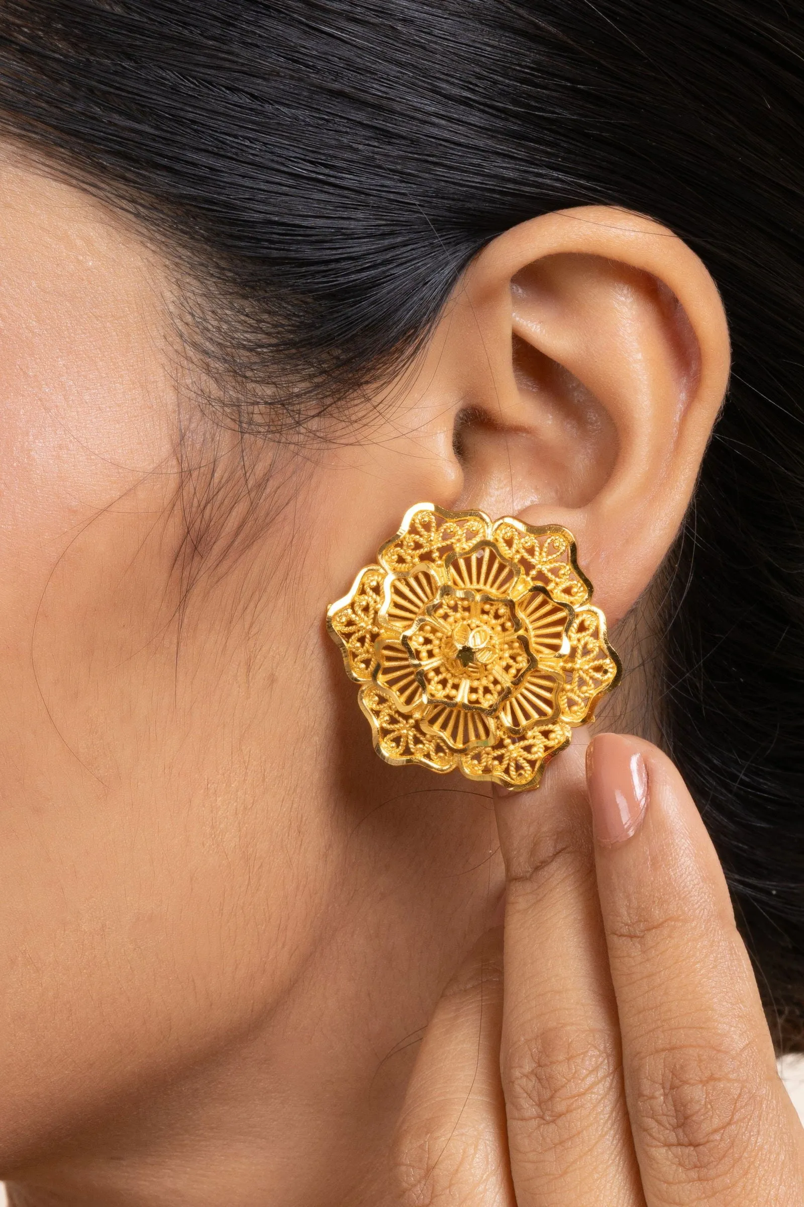 Gold Plated 3-Layer Floral Stud Earrings - Handmade Copper, Non-Allergic, Elegant Design for All Occasions