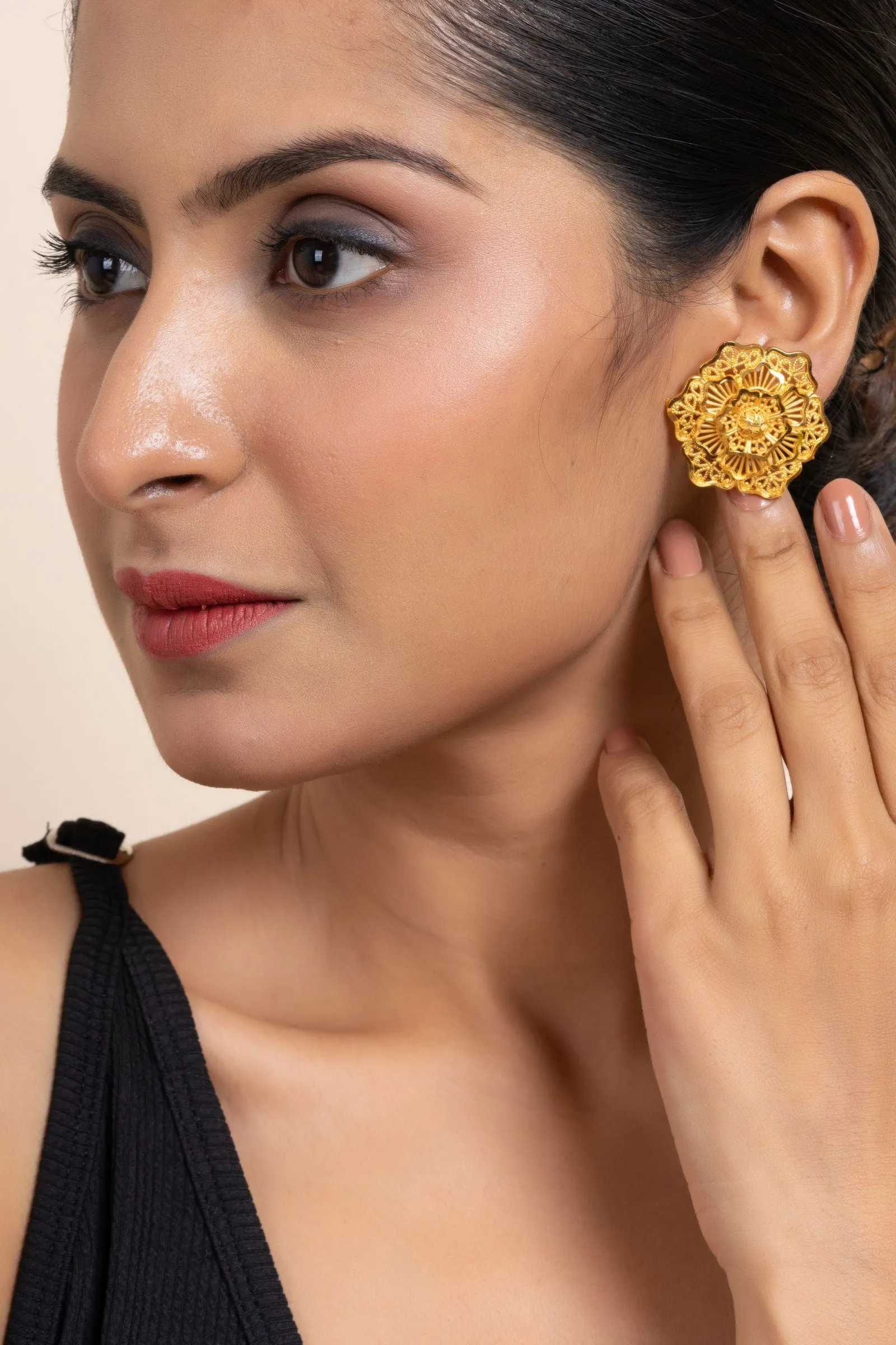 Gold Plated 3-Layer Floral Stud Earrings - Handmade Copper, Non-Allergic, Elegant Design for All Occasions