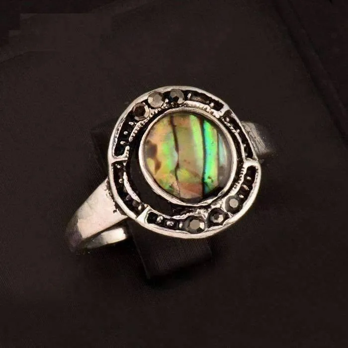 Halo Abalone Shell and Black Crystal Vintage Silver Ring