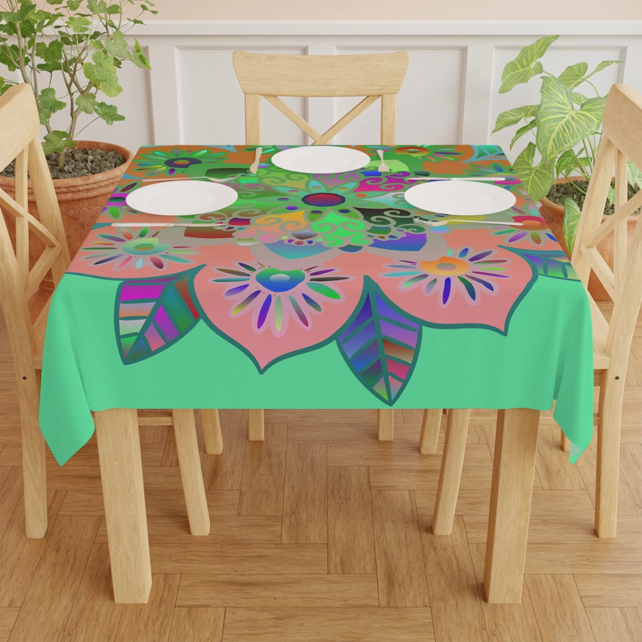 Handmade Mandala Art Tablecloth, Light Fluo Green, Square