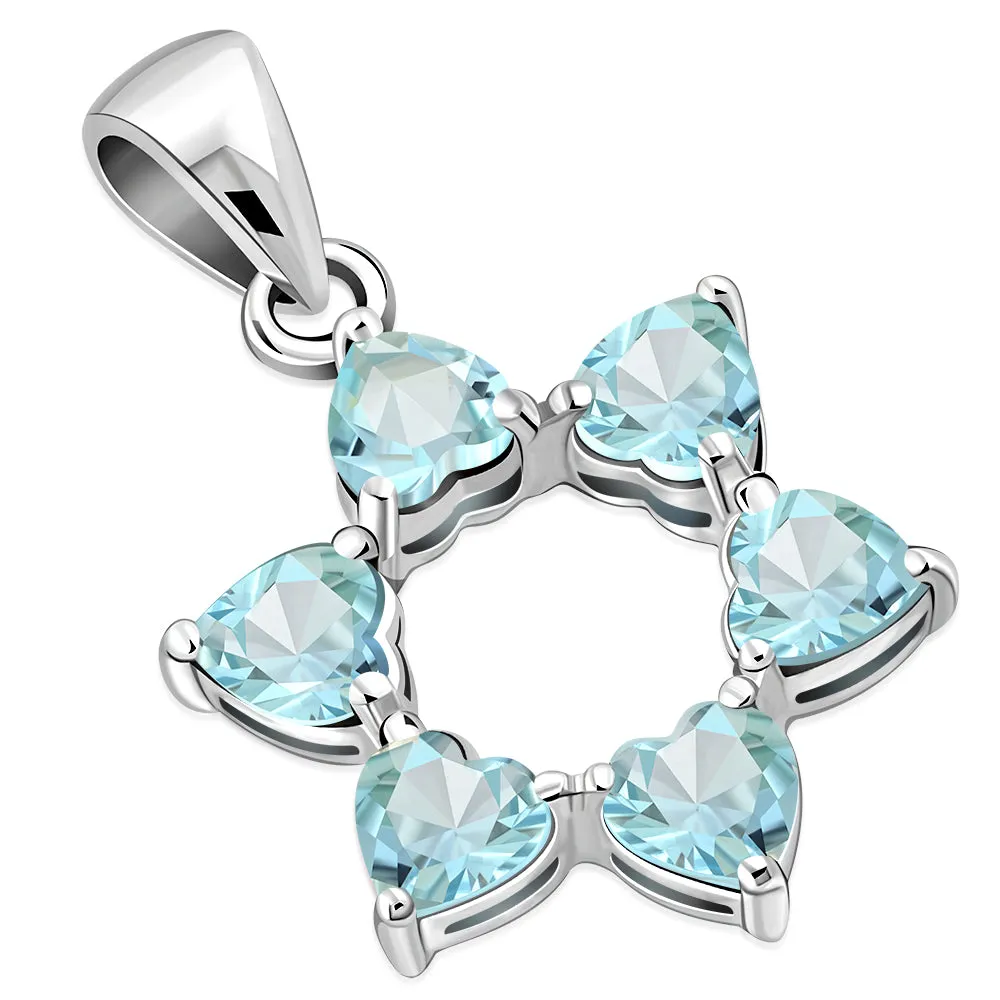 Heart Shape Blue Topaz CZ Star of David Silver Pendant