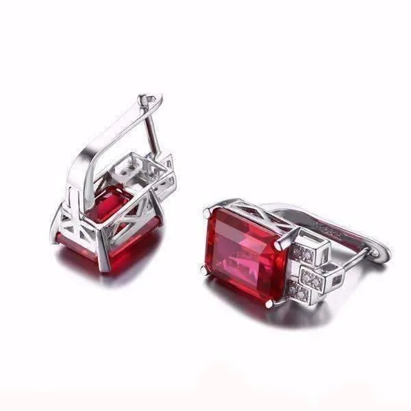 Heirloom 8CT Emerald Cut Simulated Pigeon Blood Ruby IOBI Precious Gems 925 Sterling Silver Earrings