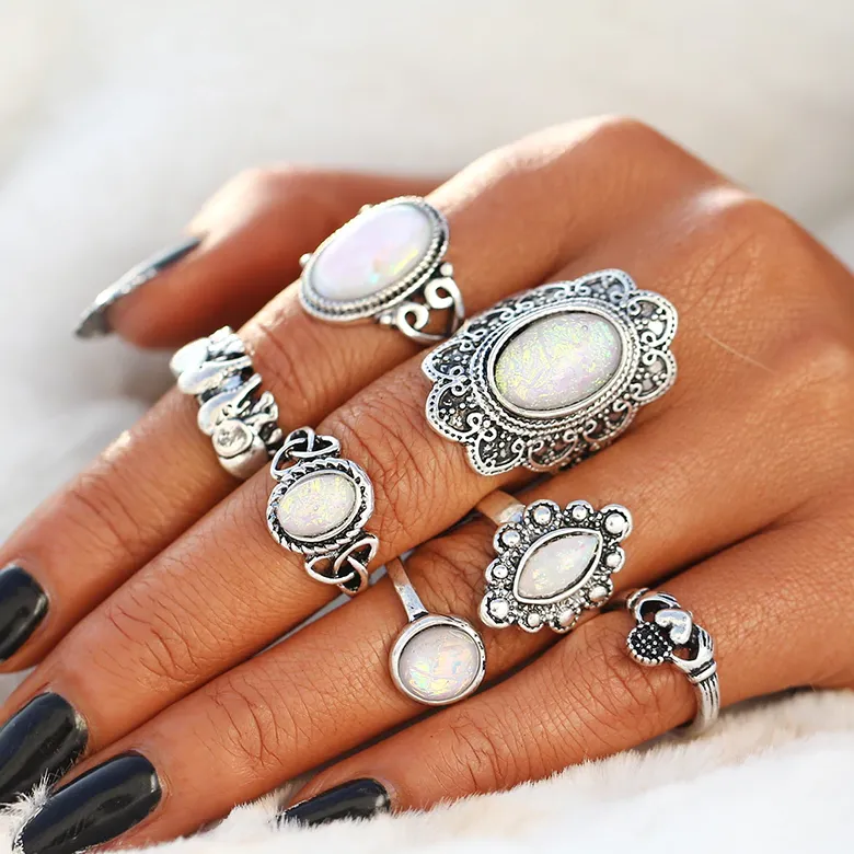 Indie Iridescent Opal Collection Boho Midi-Knuckle Rings Set of 7