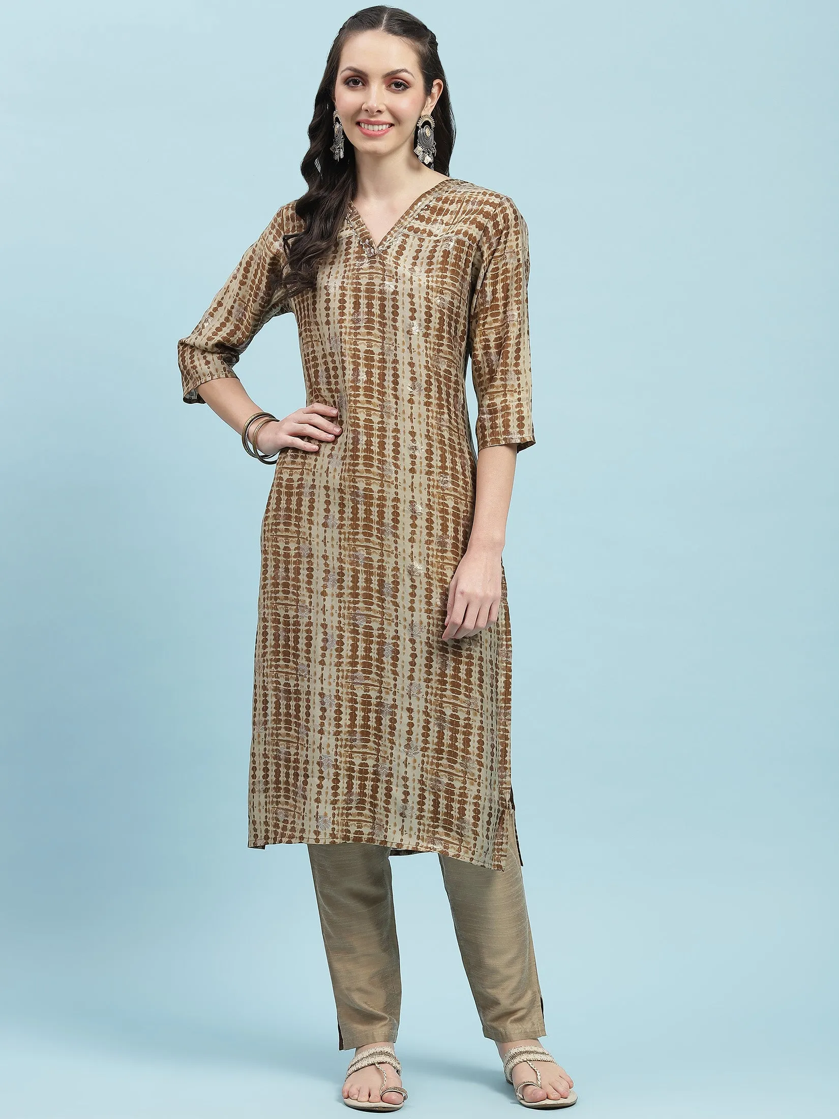 Indiessence Brown Tie Dye Printed Kurta