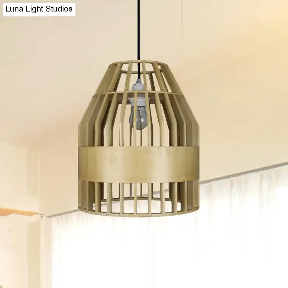 Japanese Wooden Pendant Light Fixture - Yellow Bird Cage Design for Restaurant Hanging Ceiling Light