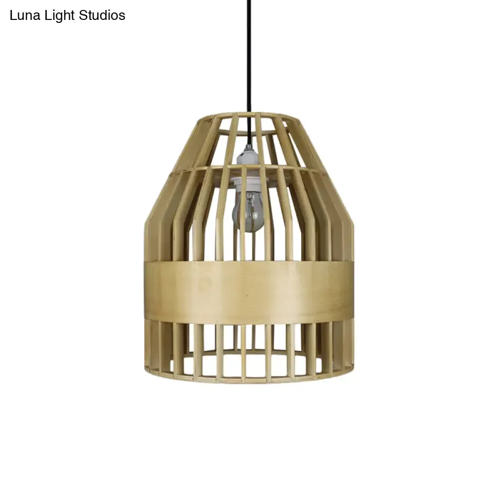 Japanese Wooden Pendant Light Fixture - Yellow Bird Cage Design for Restaurant Hanging Ceiling Light