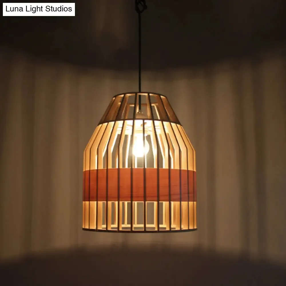 Japanese Wooden Pendant Light Fixture - Yellow Bird Cage Design for Restaurant Hanging Ceiling Light