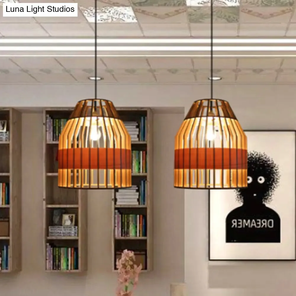 Japanese Wooden Pendant Light Fixture - Yellow Bird Cage Design for Restaurant Hanging Ceiling Light