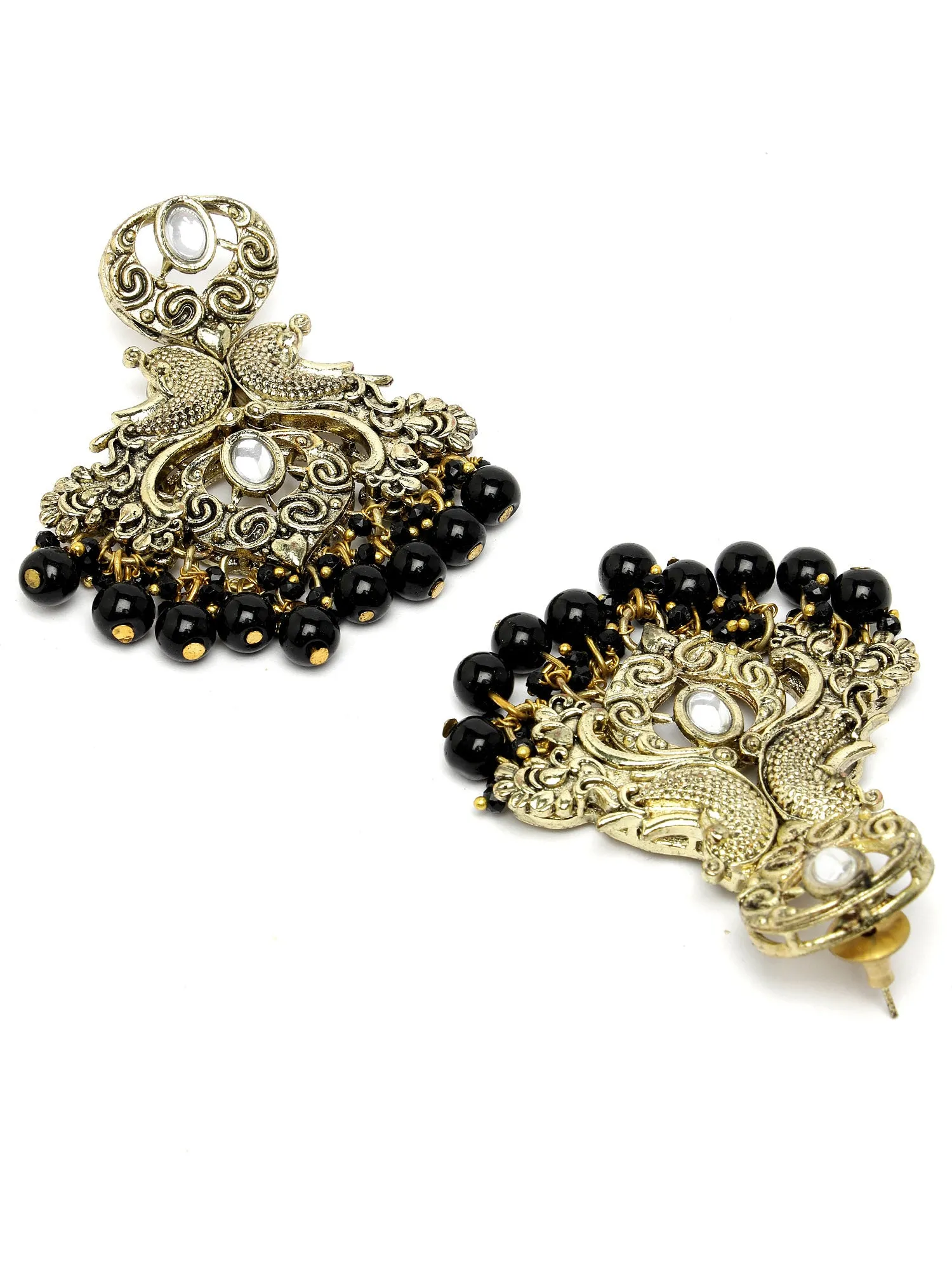 Karatcart Antique Gold Plated Black Beads Peacock Design Kundan Dangler Earrings for Women