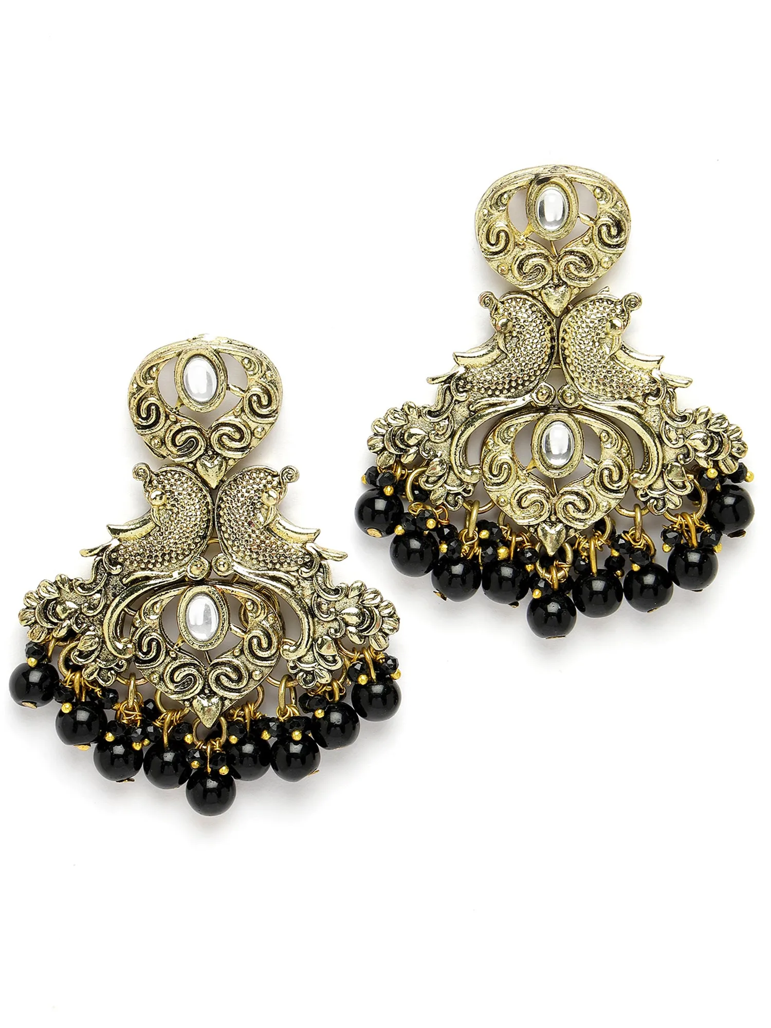 Karatcart Antique Gold Plated Black Beads Peacock Design Kundan Dangler Earrings for Women