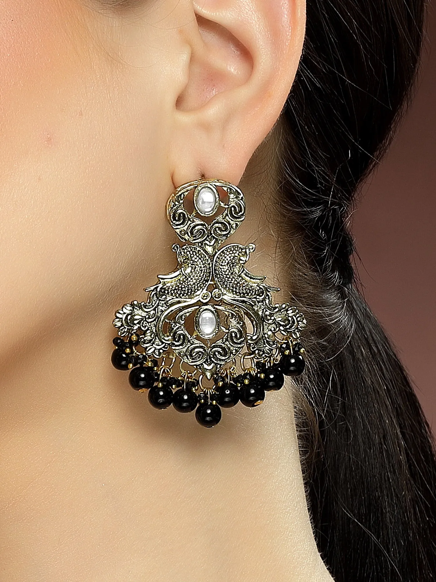 Karatcart Antique Gold Plated Black Beads Peacock Design Kundan Dangler Earrings for Women