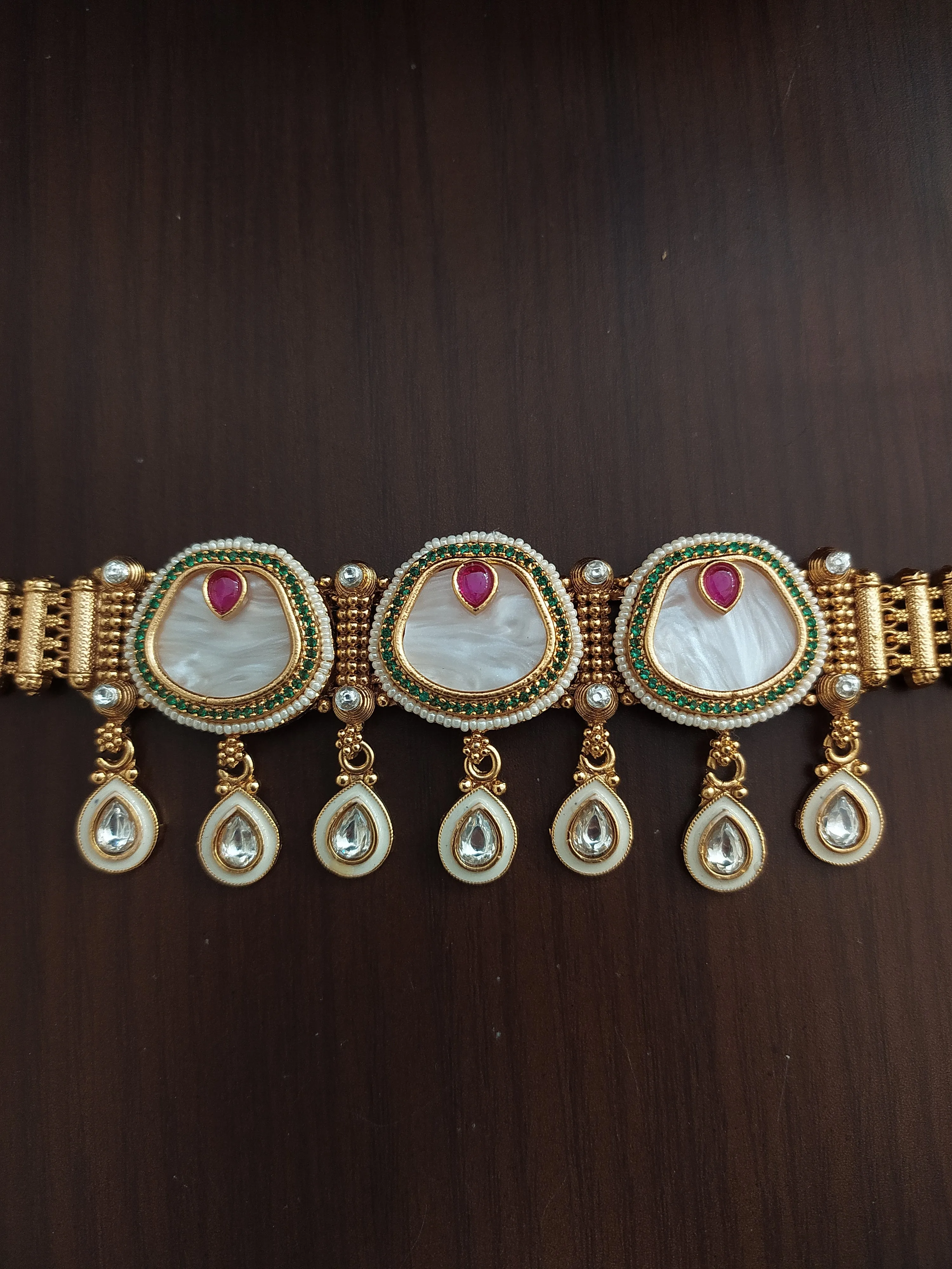 Kundan Choker Set with Mother of Pearls & Zircon Stones ~ Available in Red & Green Variants