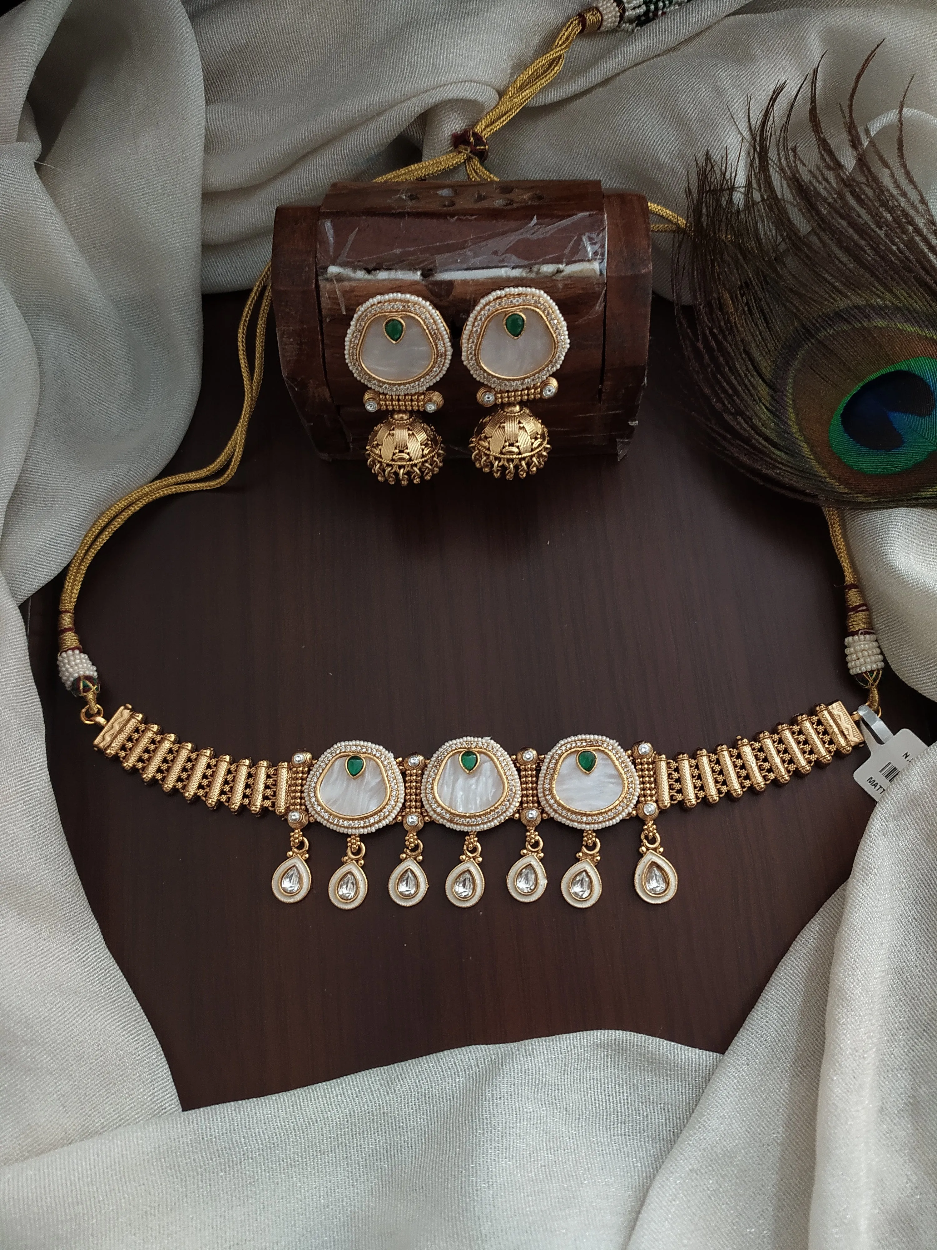 Kundan Choker Set with Mother of Pearls & Zircon Stones ~ Available in Red & Green Variants