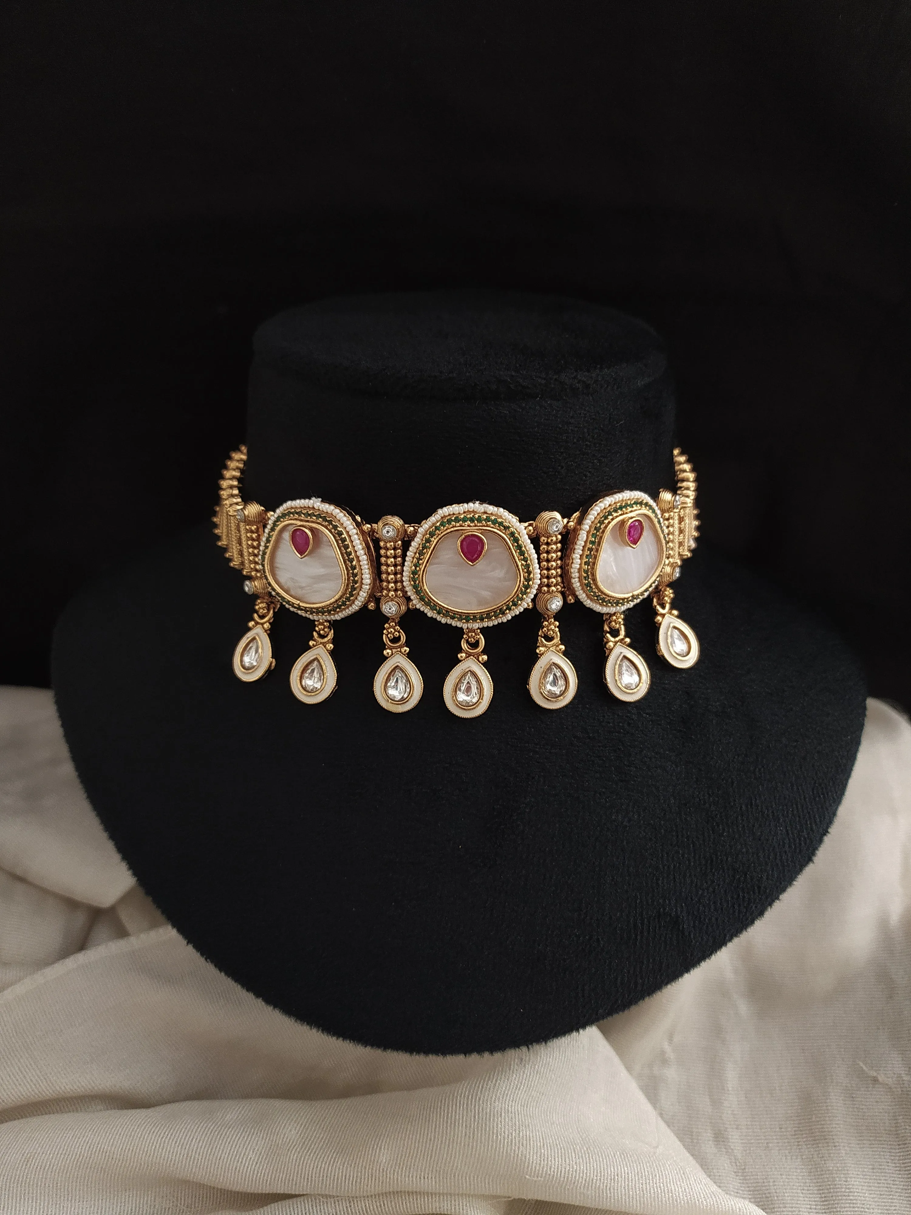 Kundan Choker Set with Mother of Pearls & Zircon Stones ~ Available in Red & Green Variants