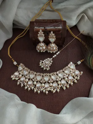 Kundan Choker Set with Pearl Drops, Jhumki, and Tikka