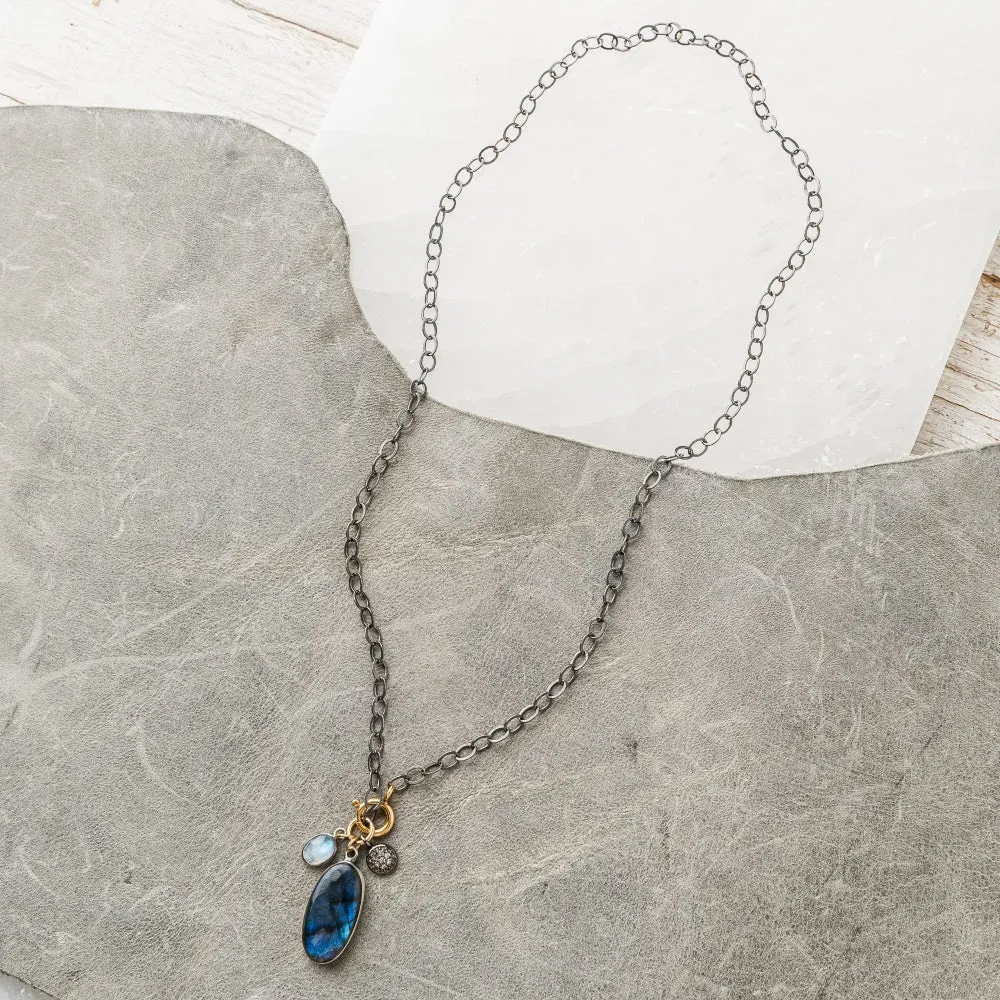 Labradorite Oval Necklace with Moonstone and Diamond Disc