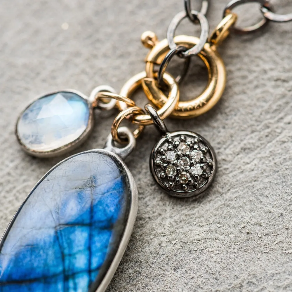 Labradorite Oval Necklace with Moonstone and Diamond Disc