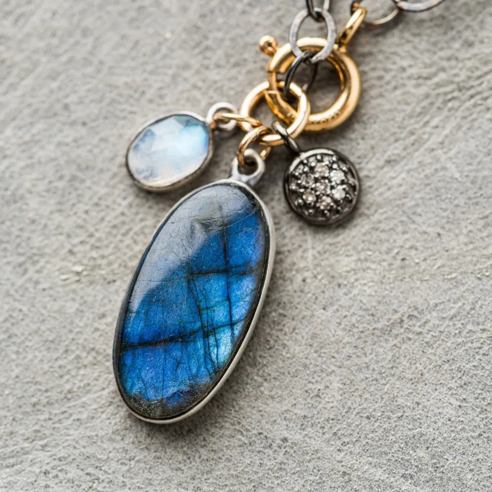 Labradorite Oval Necklace with Moonstone and Diamond Disc