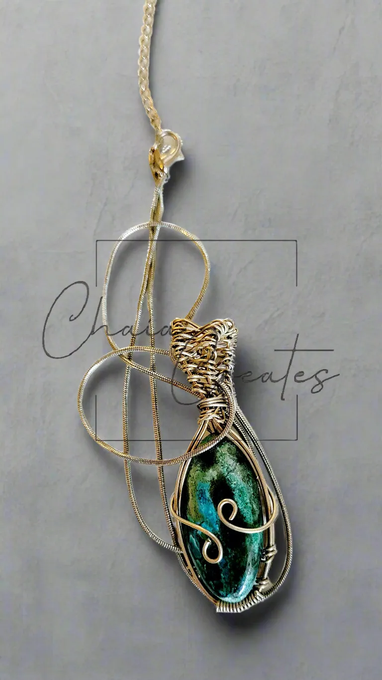 Labradorite Oval Stone Silver Wire Wrapped Pendant on Snake Chain Necklace