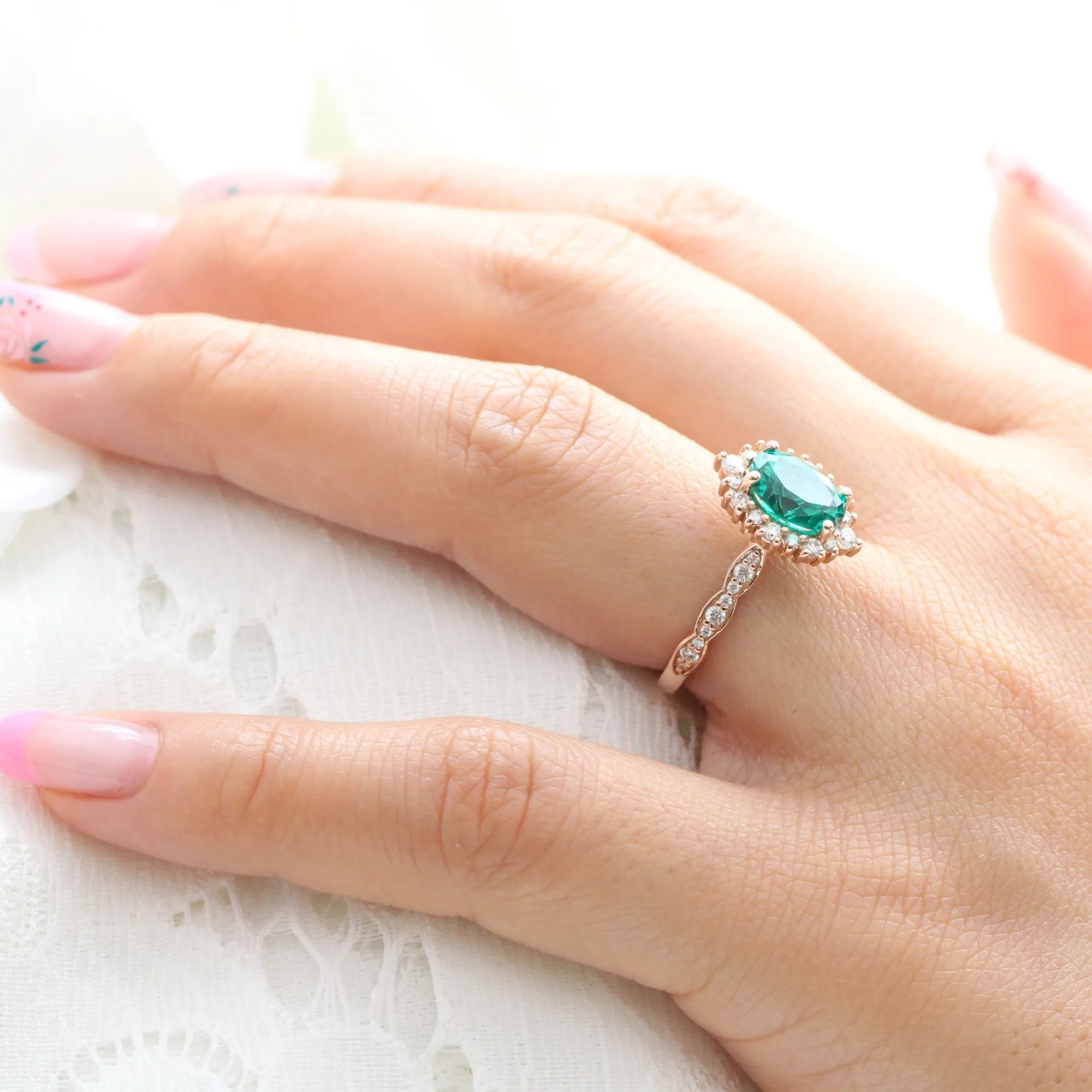 Large Oval Emerald Engagement Ring in Tiara Halo Diamond Scalloped Band