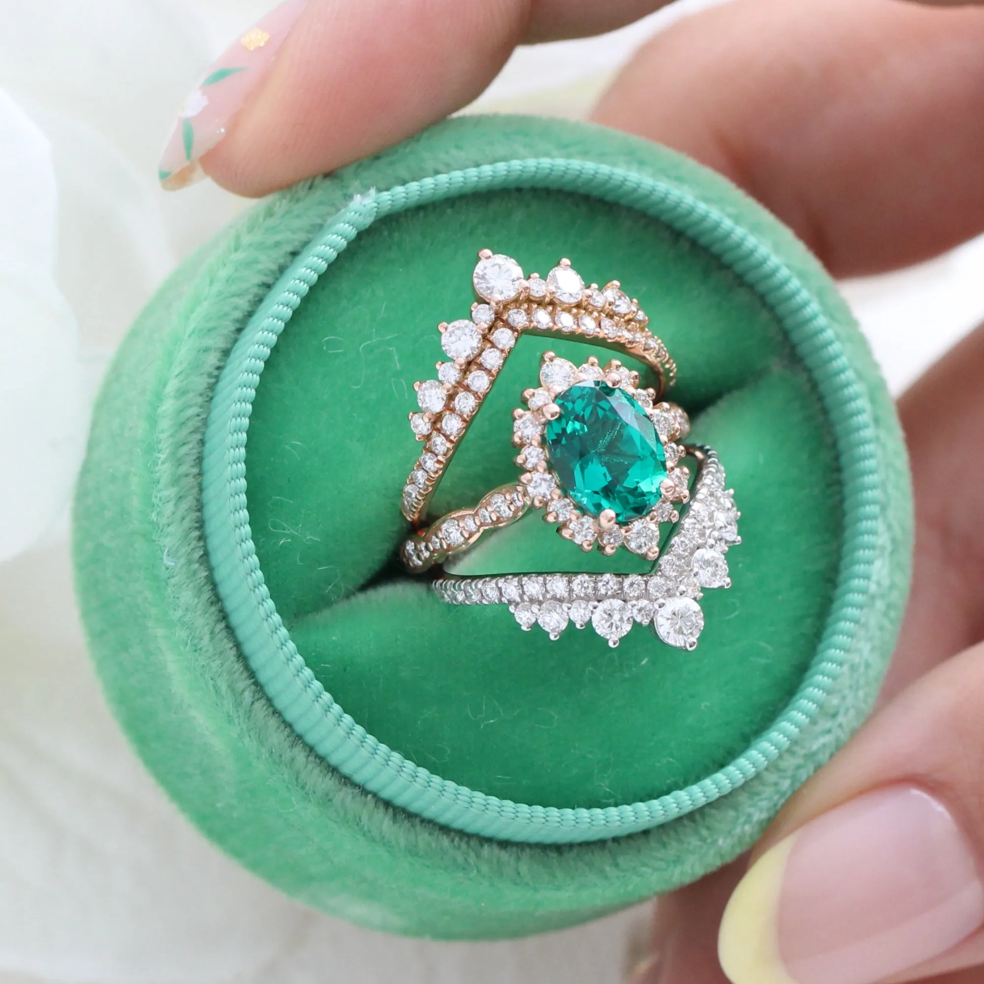 Large Oval Emerald Engagement Ring in Tiara Halo Diamond Scalloped Band