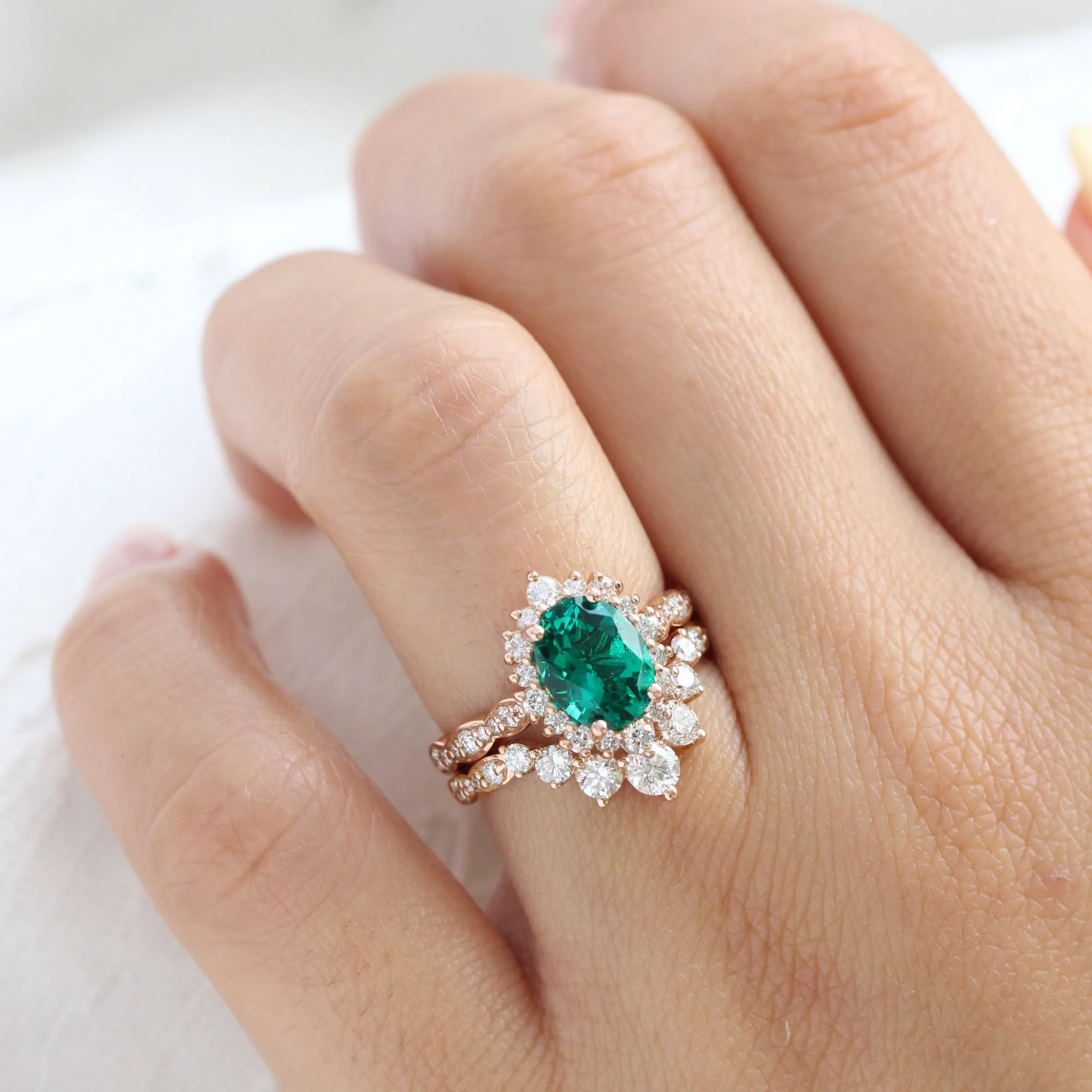 Large Oval Emerald Engagement Ring in Tiara Halo Diamond Scalloped Band