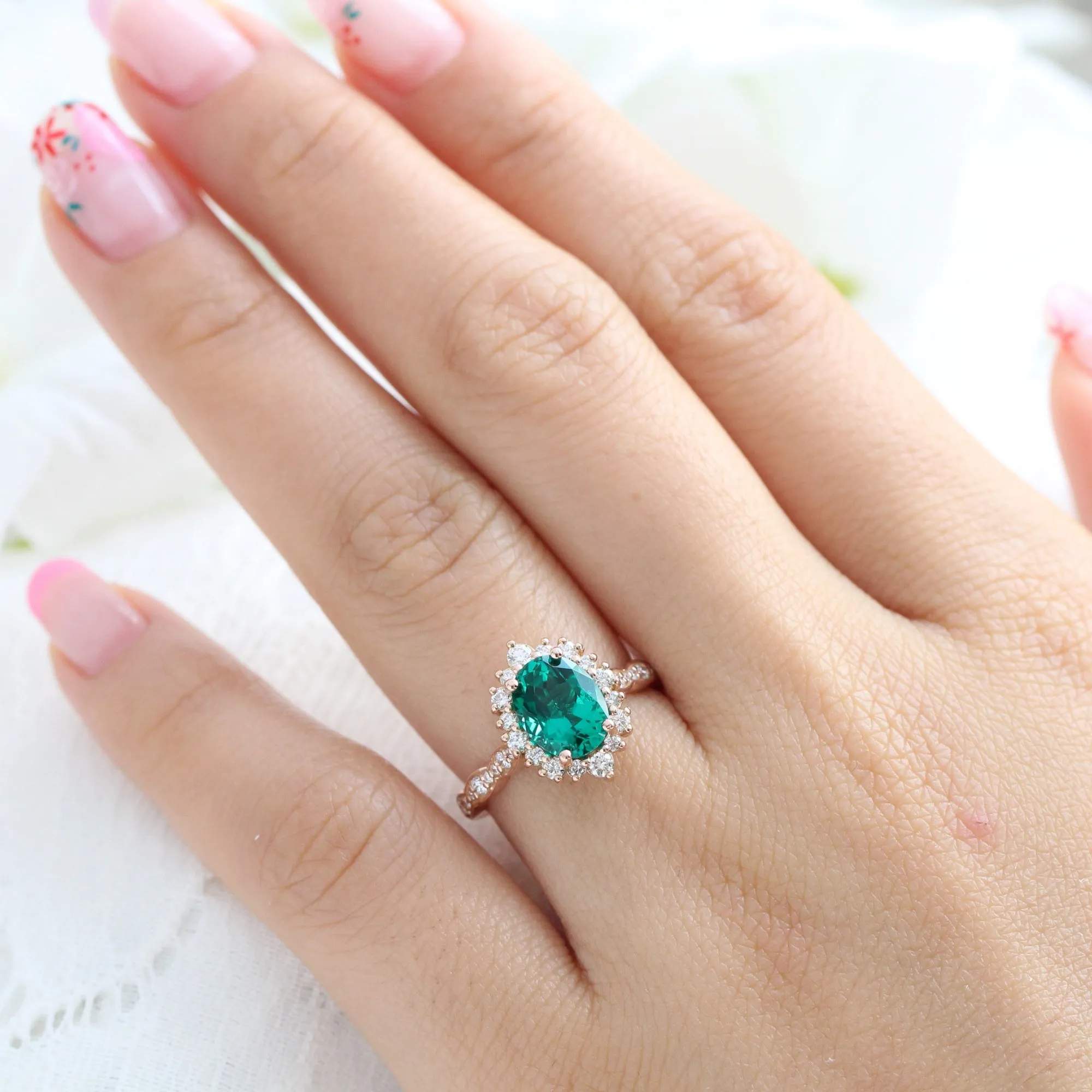 Large Oval Emerald Engagement Ring in Tiara Halo Diamond Scalloped Band